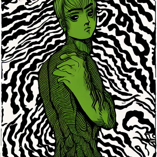 Image similar to a portrait by junji ito lush vine covered backrop