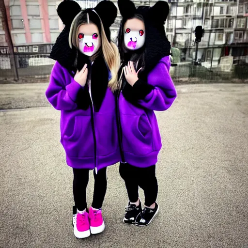 Image similar to two girls, a girl with short white hair and polar bear ears wearing an open black coat, another girl with long black hair wearinga purple hoodie with red eyes