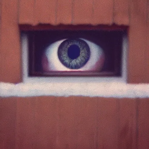 Image similar to Zoomed cropped closeup of unexpected voyeuristic eye contact with neighbor in window, Technicolor, telephoto lens, vintage photograph