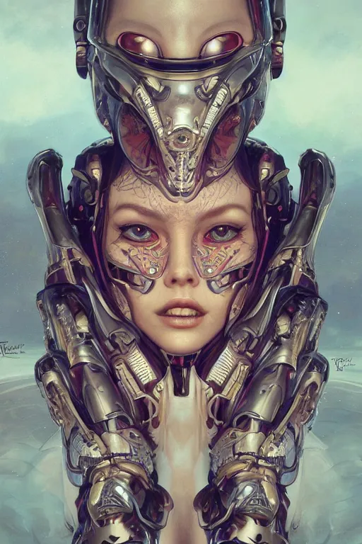 Image similar to twin Alien Robot concubines, facial tattoos, artists portrait, biomechanical, oppai, fantasy, highly detailed, photograph, concept art, sharp focus, depth of field blur, Mandelbrot fractal, art by artgerm and greg rutkowski and alphonse mucha and trevor brown, octane render