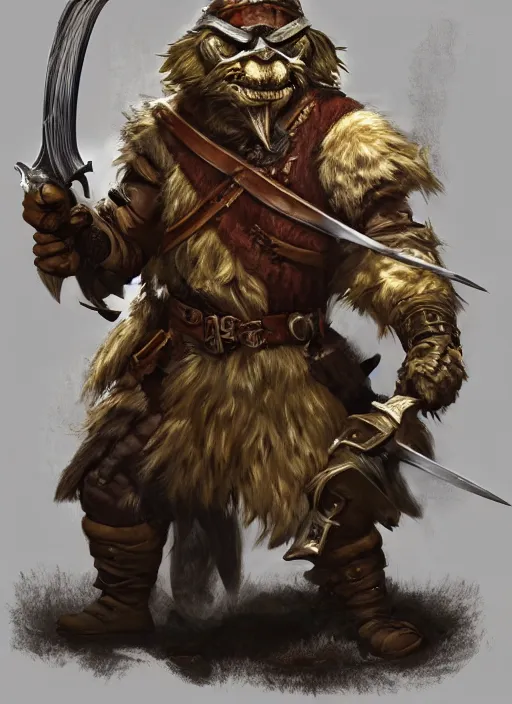 Image similar to photorealistic bugbear ranger holding sword on fire, magic, black beard, dungeons and dragons, pathfinder, roleplaying game art, hunters gear, jeweled ornate leather and steel armour, concept art, character design on white background, by sargent, norman rockwell, makoto shinkai, kim jung giu, artstation trending, poster art, colours red