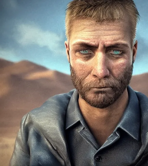 Image similar to portrait of muscular, tired and alcoholic 3 0 - year - old grieving man with short darkblonde hair, serious sad look in his eyes, looking down, dirty beard, blue eyes, crying tears, wearing dirty soldier uniform, on the desert, sad atmosphere, hyper realistic face, character art, art by mark brooks, cryengine, trending on artstation, digital art