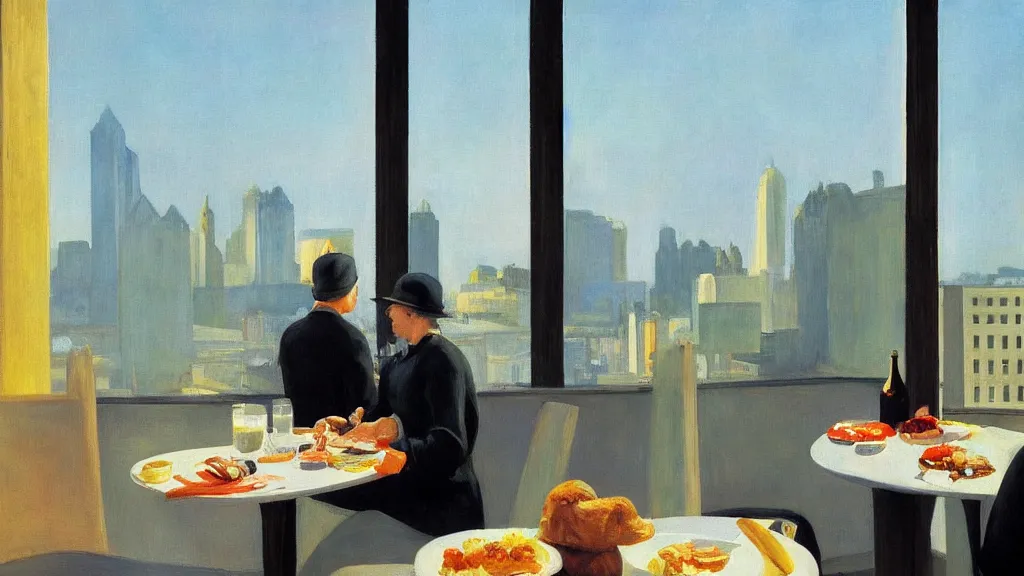 Image similar to 911 terrorist attacks as seen from the window of a luxury hotel while a couple eats breakfast, by Edward Hopper, high-resolution