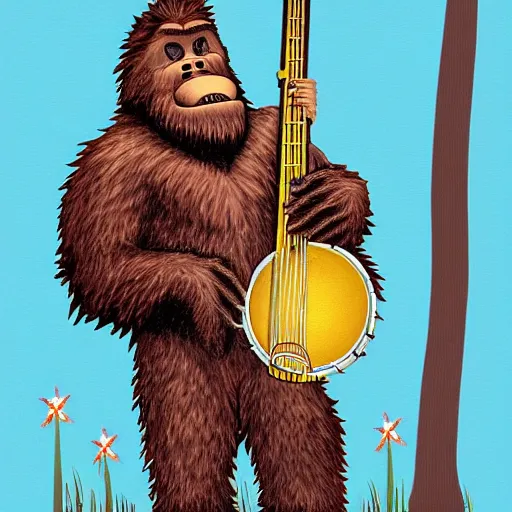 Prompt: bigfoot playing the banjo in the bayou