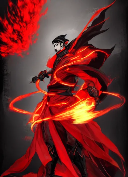 Prompt: Full body portrait of a mature elf fire mage with black hair and facial hair in black and red robe wielding fire magic, vibrant colours. In style of Yoji Shinkawa and Hyung-tae Kim, trending on ArtStation, dark fantasy, great composition, concept art, highly detailed.