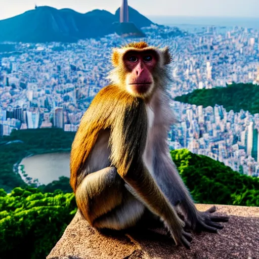 Image similar to high quality portrait of a monkey in front of Christ The Redeemer, studio photograph, photograph, realistic photo, 8k photo, 4k photo, stock photo, high resolution, cinematic shot, high detail