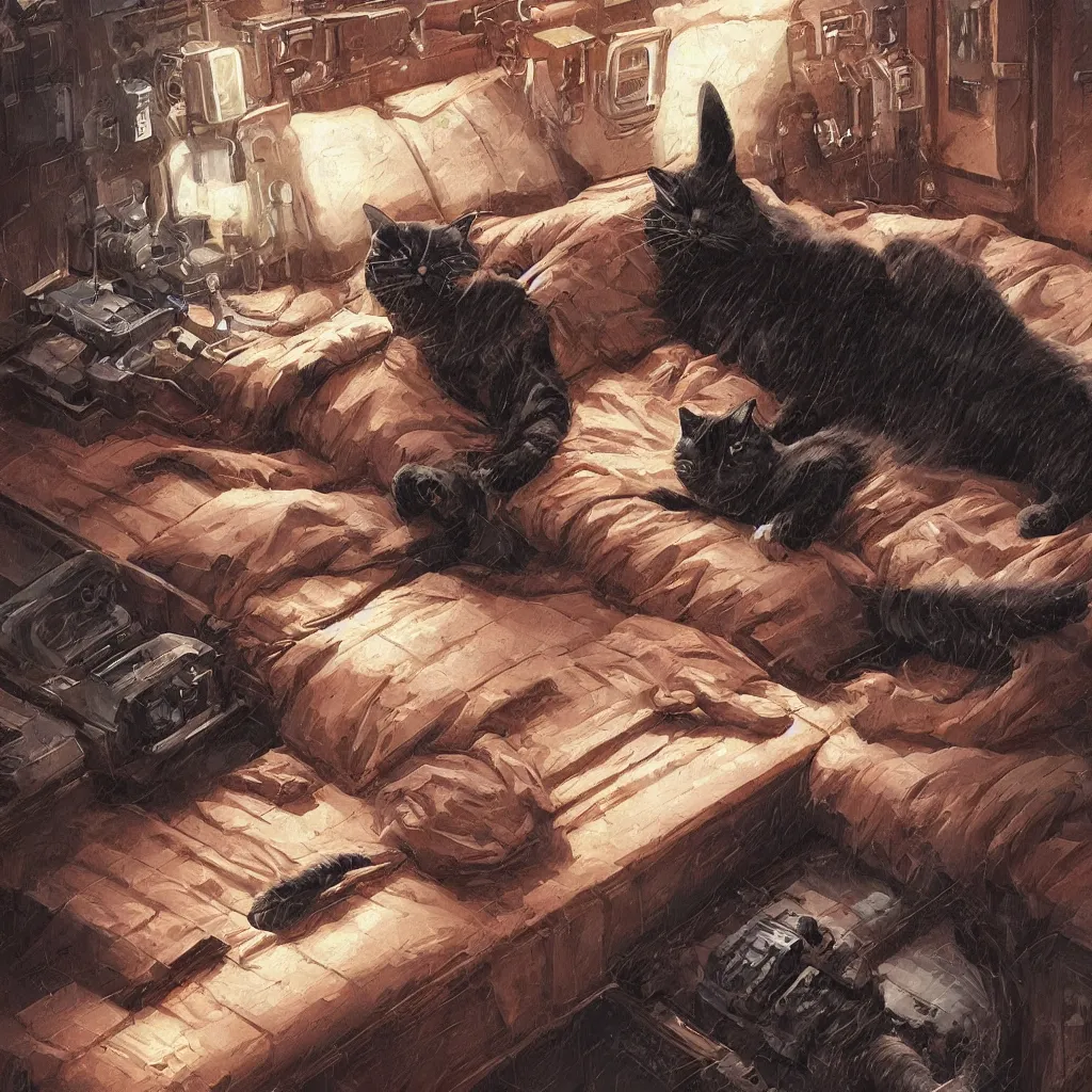 Image similar to cat character laying on bed, wood carved bed, darth vader as cat waiter, cute cat, cyber punk cat, big cat, super powers, concept art, by greg rutkowski, old copper pipes, complementing colors