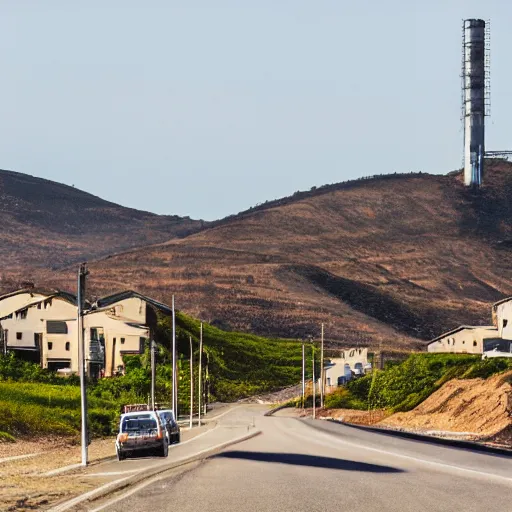 Image similar to a road next to warehouses, and a hill background with a radio tower on top, 3 0 0 mm telephoto lens