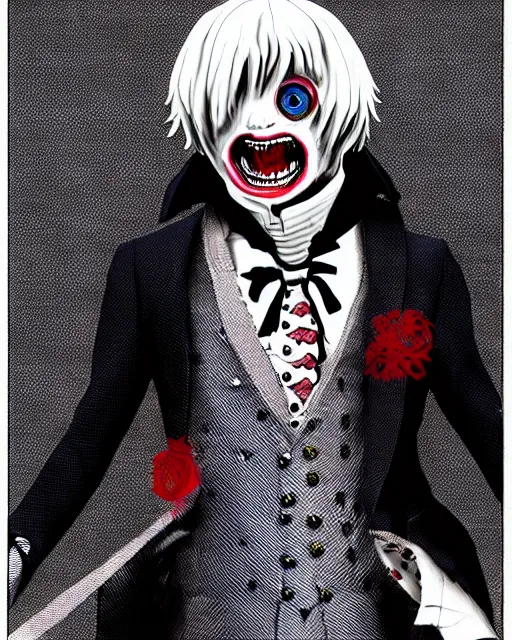 Image similar to tokyo ghoul monster ken kaneki character wearing a beautiful 1 8 th century suit with a tie, rococo style, ed emshwiller style, highly detailed, very realistic, painterly style