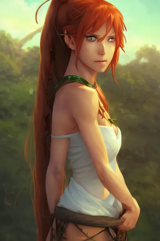 Image similar to long ginger hair, tanned woman in a prehistoric outfit, green eyes, fang necklace, by artgerm, hair tied in a ponytail, white backdrop, soft lighting, night time, by greg rutkowski makoto shinkai takashi takeuchi