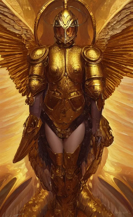 Image similar to Portrait of an archangel with golden wings, heavy armor and helmet, confident, heaven background, intricate, headshot, highly detailed, digital painting, artstation, concept art, sharp focus, cinematic lighting, illustration, art by artgerm and greg rutkowski, alphonse mucha, cgsociety