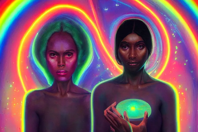 Image similar to patron saint of 🛸🌈👩🏾, futuristic iridescent clothing, wormhole, nebula, black hole, multiverse, neon god of city character portrait, in the style of margaret keane, moebius, tom bagshaw, and waterhouse, cinematic lighting, beautiful, elegant, oil painting,