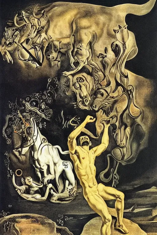 Image similar to Orpheus charming the beasts. Engraving by Salvador Dali