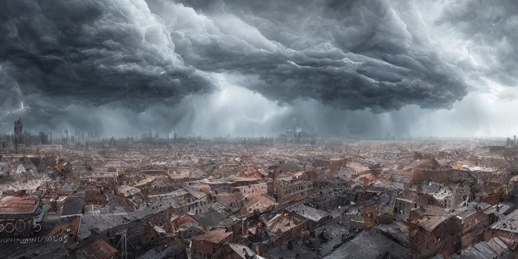 Prompt: photograph of severe weather storms across europe, hyper realistic, architecture, detailed textures, hyper realistic, cinematic lighting, urban art style, climate change, digital art painting by gilles beloeil, cinematic, concept art, 3 5 mm grain filter