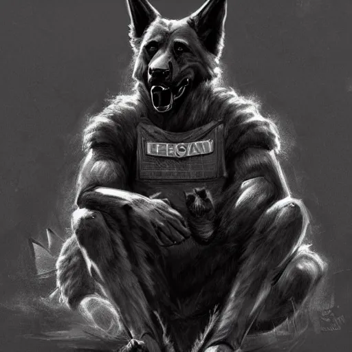 Image similar to a humanoid german shepherd beast - man in military style, sitting on the carpeted floor beside a bed, highly detailed portrait, digital painting, artstation, concept art, smooth, sharp foccus ilustration, artstation