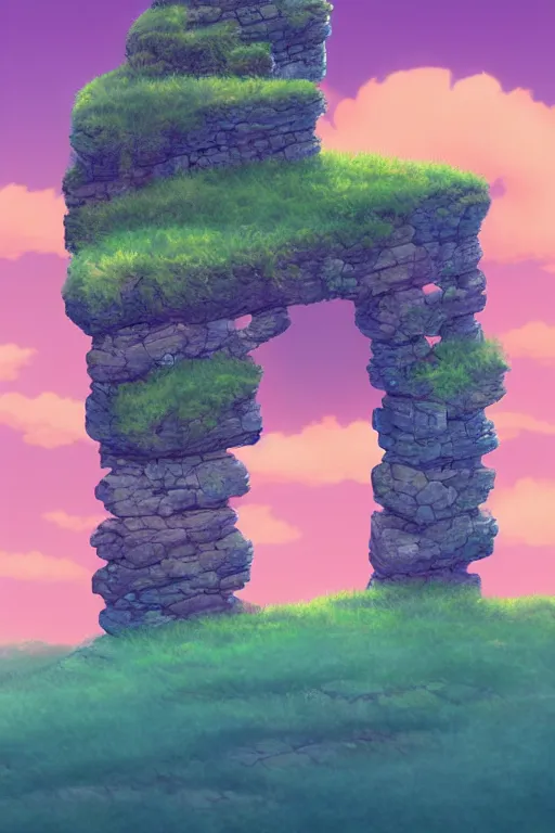 Image similar to stone wall stretching to the sky at the edge of the world, 4 k digital paint by studio ghibli hayao miyazaki. vivid colours, vaporwave lighting style, very sharp and detailed. trending on artstation and behance.