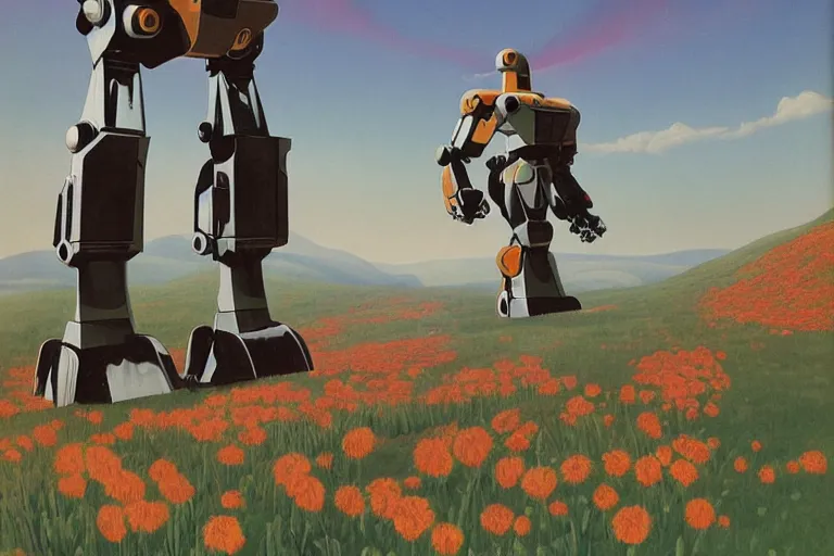 Image similar to giant mecha robot, blooming hills with spring flowers and pillars by helen lundeberg