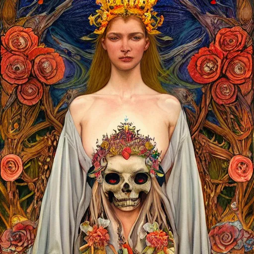 Image similar to the bone crown, by Annie Swynnerton and Nicholas Roerich and Donato Giancola, embroidered robes, floral tattoos, bioluminescent, elaborate costume, geometric ornament, symbolist, soft colors, dramatic lighting, smooth, sharp focus, extremely detailed