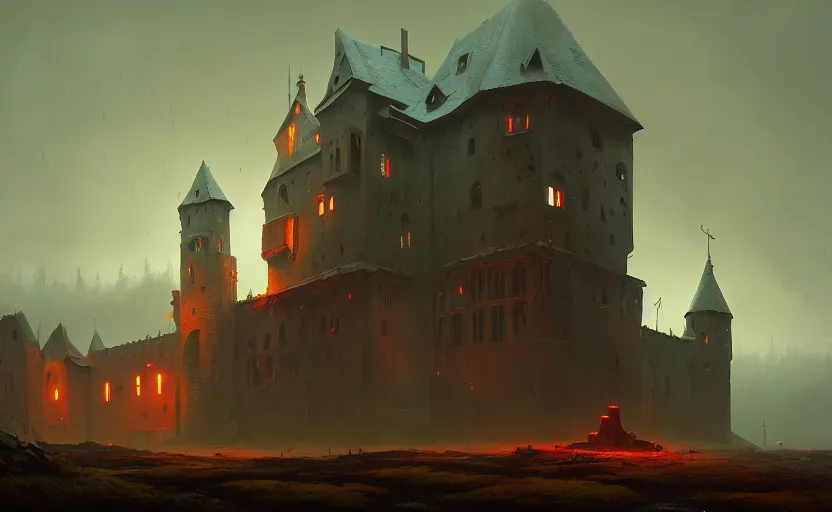 Image similar to an old medieval stronghold with moody and cinematic lighting by simon stalenhag and darek zabrocki, cinematic and atmospheric, concept art, artstation, trending on artstation