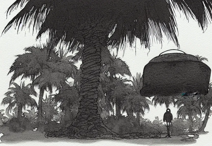 Image similar to a simple watercolor fantasy concept art of a dark grey boxy ufo next to a palm tree at night. by studio ghibli, rebecca guay, michael kaluta, charles vess