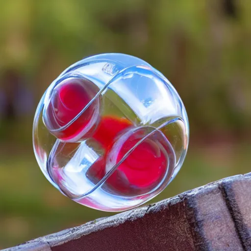 Image similar to transparent cube half filled with red liquid inside in a transparent sphere