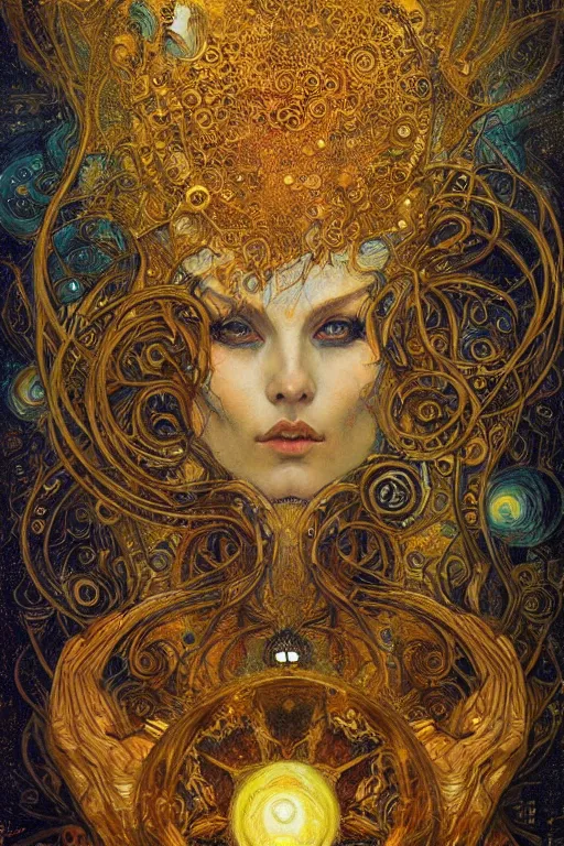 Image similar to Divine Chaos Engine by Karol Bak, Jean Deville, Gustav Klimt, and Vincent Van Gogh, beautiful visionary mystical portrait, sacred, otherworldly, fractal structures, ornate gilded medieval icon, third eye, spirals