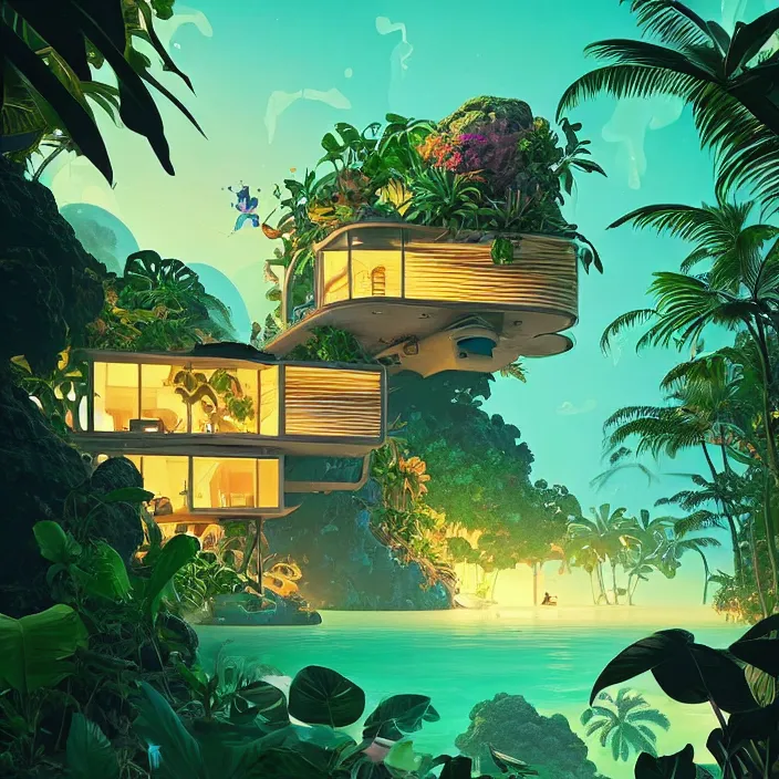 Image similar to a luminescent tropical cottage by paolo eleuteri serpieri and tomer hanuka and chesley bonestell and daniel merriam and tomokazu matsuyama, unreal engine, high resolution render, featured on artstation, octane, 8 k, highly intricate details, vivid colors, vector illustration