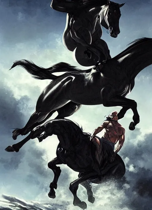 Image similar to ethan van sciver with a bald head and grey trimmed beard with a pointy nose as the first horseman of the apocalypse riding a strong big black stallion, horse is running, the rider is carrying the scales of justice, beautiful artwork by artgerm and rutkowski, breathtaking, beautifully lit, dramatic, full view