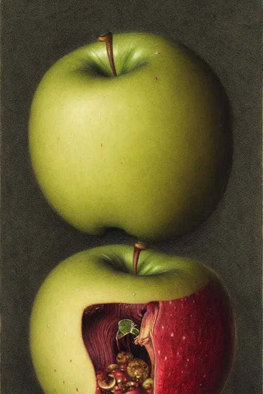 Prompt: an apple in the style of wayne barlowe, gustav moreau, goward, bussiere, roberto ferri, santiago caruso, luis ricardo falero, austin osman spare