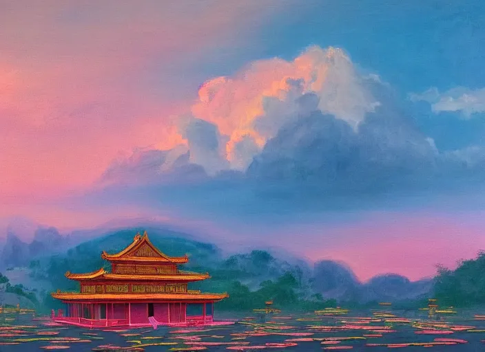 Prompt: an oil painting of a chinese temple floating among the clouds during a pink sunset