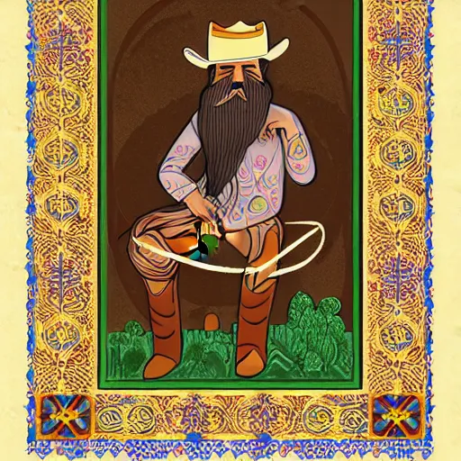 Prompt: bearded cowboy resting in oasis, persian folkore artstyle, portrait, calligraphy border