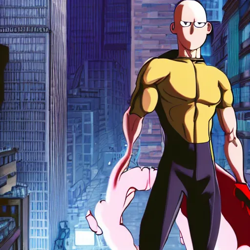 Image similar to very detailed full body concept character portrait illustration of saitama in new york city doing an action pose, action scene, digital illustration, concept art, matte painting, digital painting, illustration, amazing value control, 8 k, ultra detailed, in the style of sony pictures animation, minimal artifacts, rubber suit, graphic style