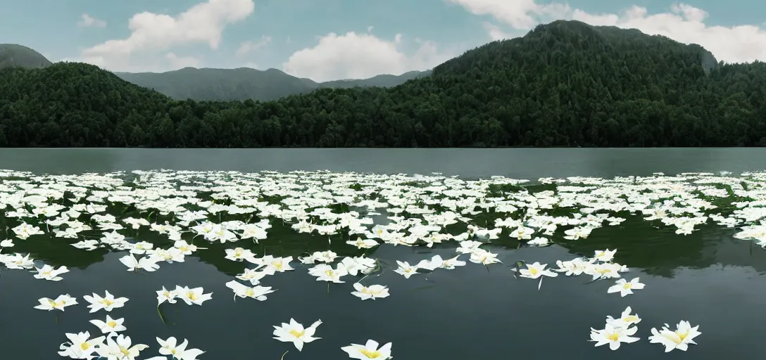 Image similar to lilys floating on a lake, panoramic, concept art, high detail, lake, white flower lily, white petals, gentle, peaceful, beautiful,