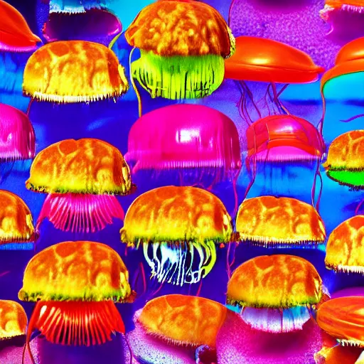 Image similar to hamburger mix jellyfish, cg, 8 k, surrealistic, sharp focus, super resolution, style by andy warhol