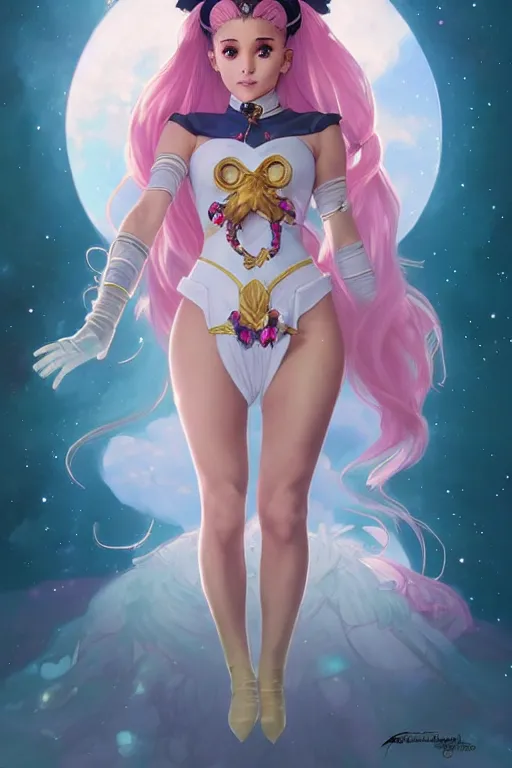 Image similar to ariana grande as sailor moon, fantasy, intricate, elegant, highly detailed, digital painting, artstation, concept art, matte, sharp focus, illustration, art by Artgerm and Greg Rutkowski and Alphonse Mucha