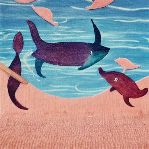 Prompt: yummi narwhales playing in rose gold surf