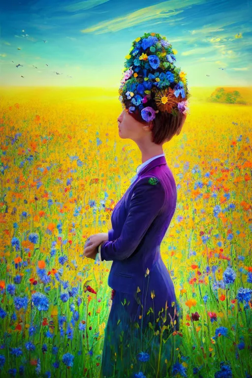 Image similar to closeup, giant flower head, girl in suit standing in a field of flowers, surreal photography, sunrise, blue sky, dramatic light, impressionist painting, digital painting, artstation, simon stalenhag