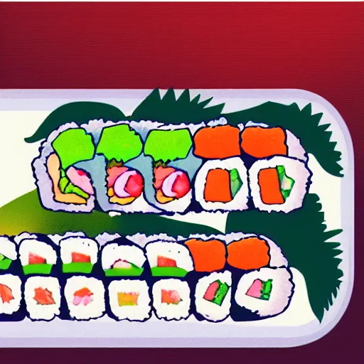 Prompt: illustration of philadelphia roll sushi, in traditional japan style, by makoto shinkai and takashi takeuchi