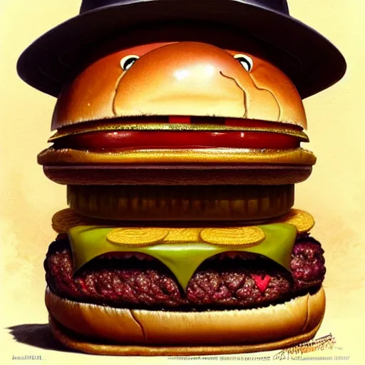 Image similar to a monster with a head like a hamburger, burger with human eyes, burger with human mouth, teeth, very detailed eyes, french fries as arms, character concept art, fantasy, intricate, fantasy drawing, illustration, highly detailed, hyperrealistic, cgsociety, artstation, oil painting by greg rutkowski, by artgerm