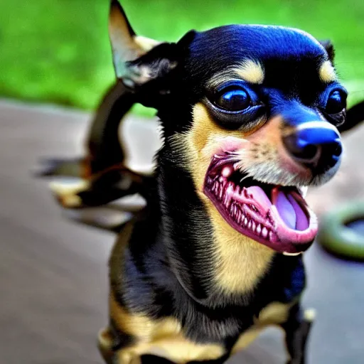 Prompt: a small chihuahua dog inside the mouth of a drooling smooth xenomorph from the movie aliens IV. Suburban backyard. Production photograph from horror sci-fi film directed by Ridley Scottie.