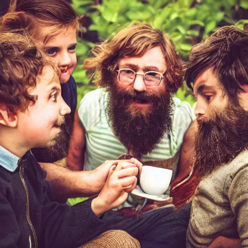 Image similar to small creatures having tea party in a humans beard.