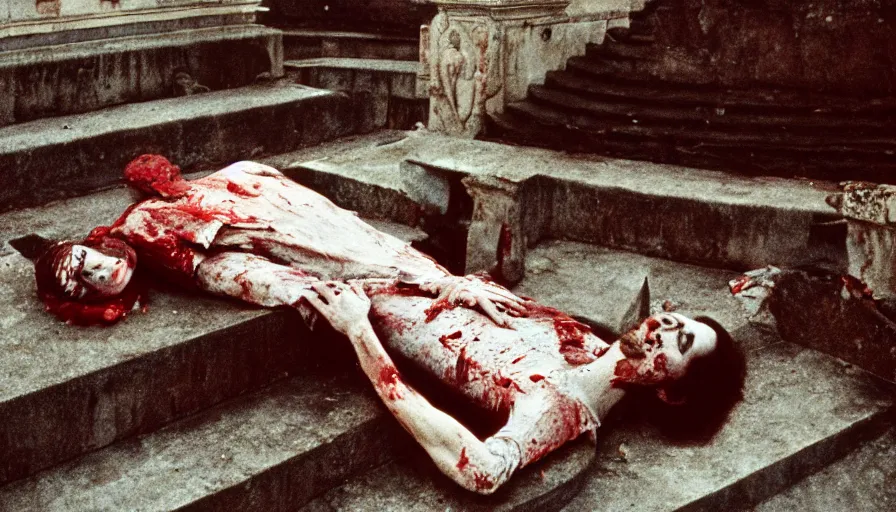 Prompt: 1 9 6 0 s movie still close - up of caligula laying dead on the ancient amphitheater's stairs bloody corpse, cinestill 8 0 0 t 3 5 mm, high quality, heavy grain, high detail, dramatic light, anamorphic