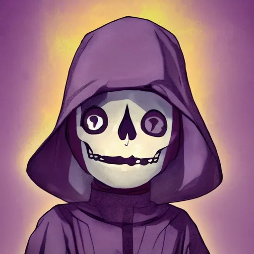 Prompt: cute little boy wearing an skull mask and dressed in an nun outfit in desert, purple color palette, artwork made in heikatsu art syle, inspired in made in abyss and hirohiko araki, ray tracing, soft details
