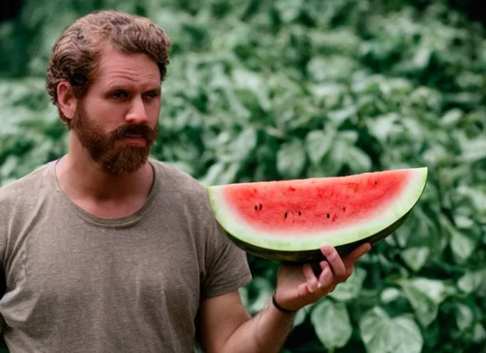 Prompt: film still of a man with a watermelon for a head in the new watermelonman movie, 4 k