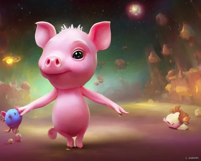 Image similar to 3D Fantasy Cute and adorable space piglet princess, huge adorable eyes, bright stars, Smooth 3D Illustration, soft render, Servando Lupini, Daniil Kudriavtsev, handpaint texture, Blender, 3DCoat