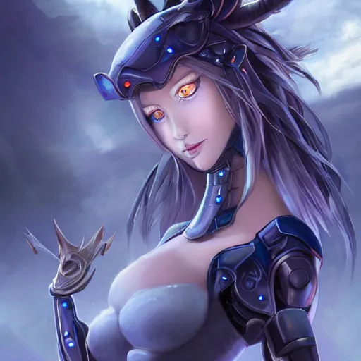 Image similar to epic concept art of a close bust shot of a cute and beautiful anthro female robot dragon standing in front of the camera, has two adorable blue eyes on a smooth draconic head with two horns, a sleek yet elegant design, with two big epic wings behind her, two arms, the background is of the beach at night; high quality digital art, artstation, deviantart, furaffinity, high quality detail