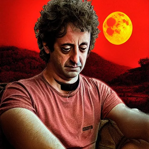 Image similar to gustavo cerati sitting on the red moon, digital art, matte painting, highly detailed,