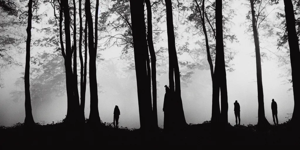 Prompt: silhouetted tall figures in the woods, volumetric lighting, Portra 160, night time, ominous