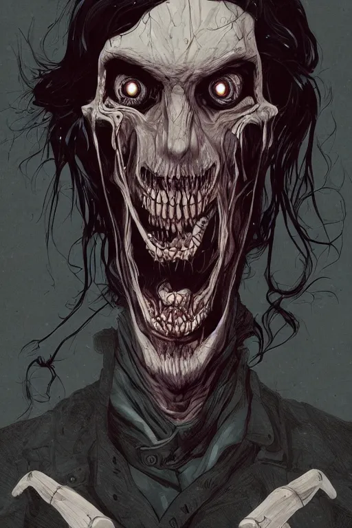 Prompt: rob zomnie in sleepy hollow, full body, big two toned eyes, teeth gritted, horror, intricate details, cinematic, epic, realistic, anatomy, tomer hanuka, uplight, artstation, photorealistic, scary