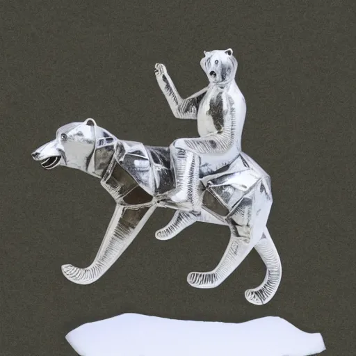 Image similar to pierre trudeau riding a polar bear, metal sculpture